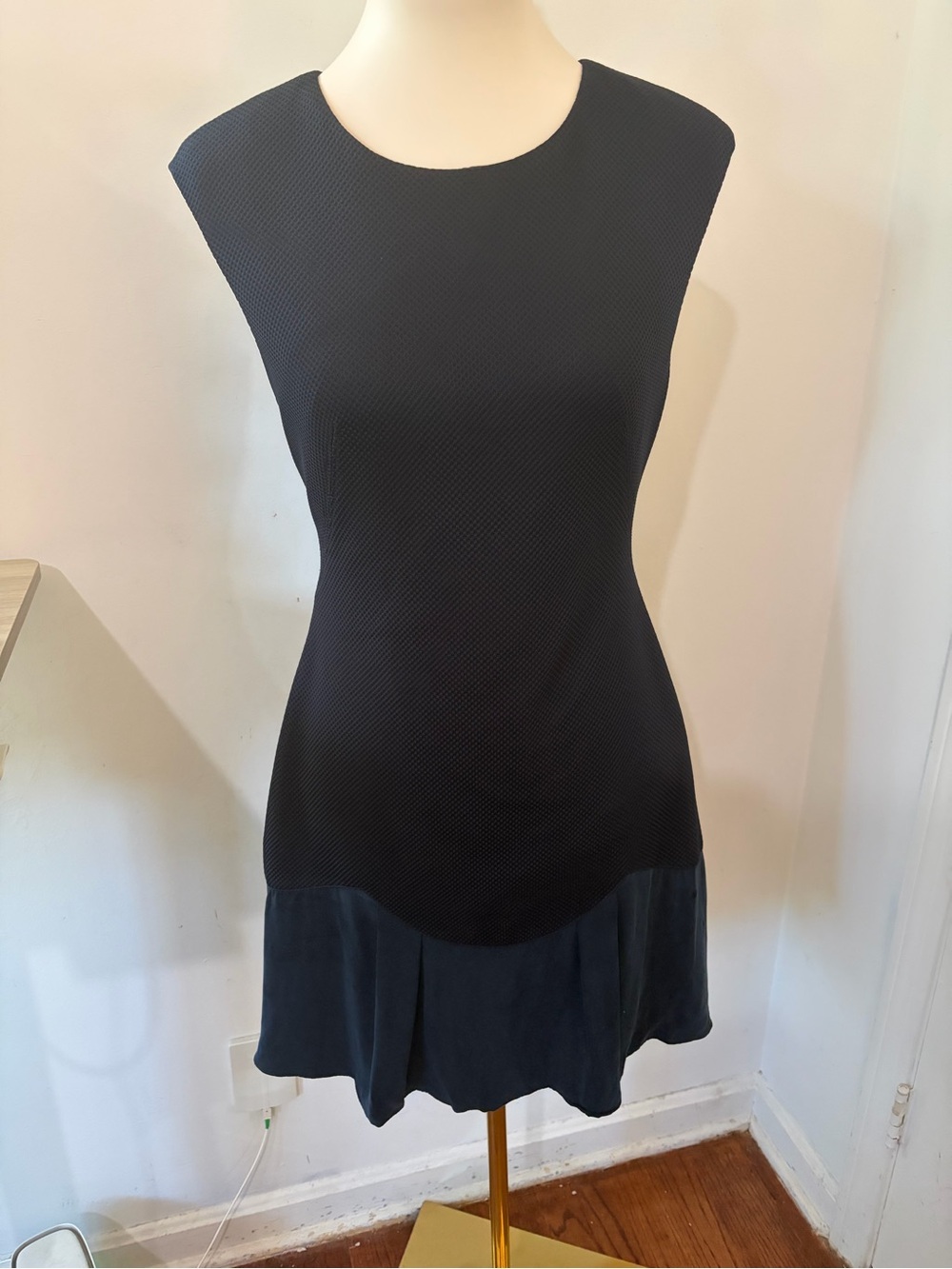 Rebecca Taylor Navy Textured Sleeveless Mini Dress with silky hem flounce